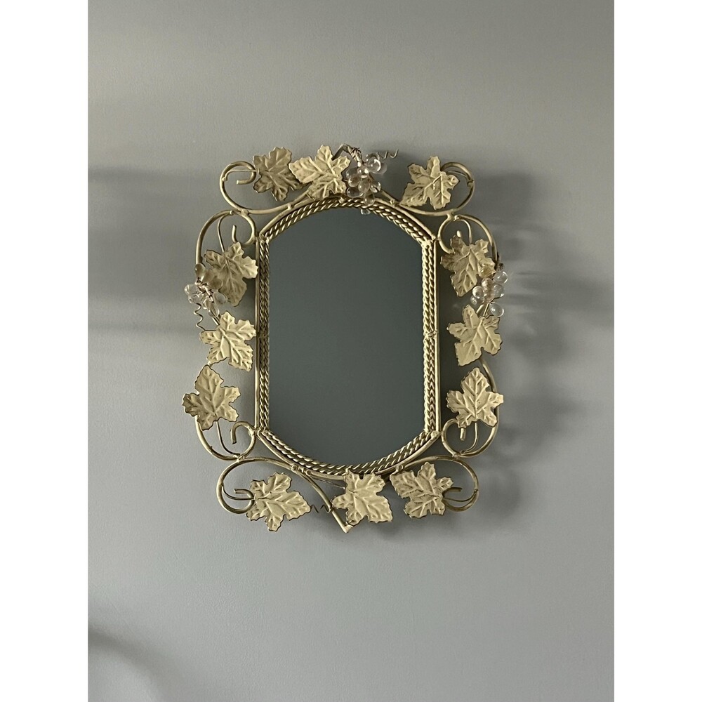 Vintage Cream-colored Metal Framed Mirror with Grapevine and Leaf Motif Detail